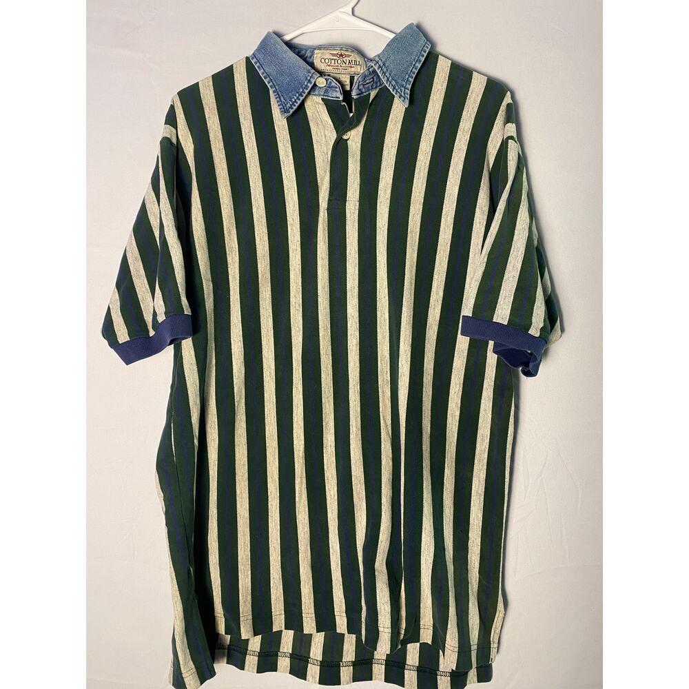 Cotton Mill 100% Cotton Rugby Style Polo Shirt Green White Striped Men's Large